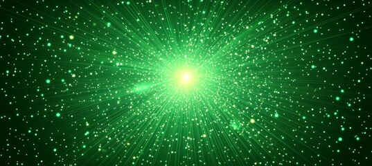 Green neon light sunburst rays explosion on dark space background. Generative AI technology.