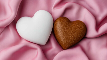 White heart shaped sugar and one brown on pink textile background. Valentines Day concept 