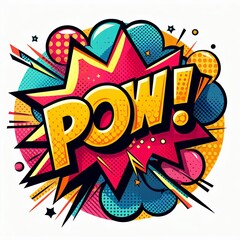 Fototapeta premium Comic speech bubble POW with colorful explosion and dynamic effects, isolated on white background. Pop art illustration for poster, banner, or graphic design