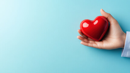 Obraz premium A hand holding a shiny red heart against a light blue background, symbolizing love and affection.