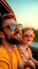 A joyful moment of a father and child enjoying a sunset drive, smiling and embracing the warmth of the evening.