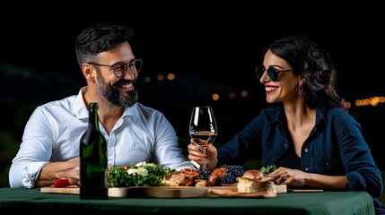Romantic Night: Couple enjoying wine and cheese at night