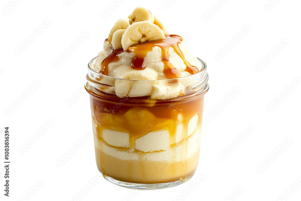 Poster layered banana pudding dessert in a glass jar with caramel sauce ,isolated on transparent background