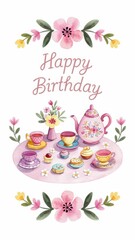 Vintage Tea Party Happy Birthday Card with Floral Accents