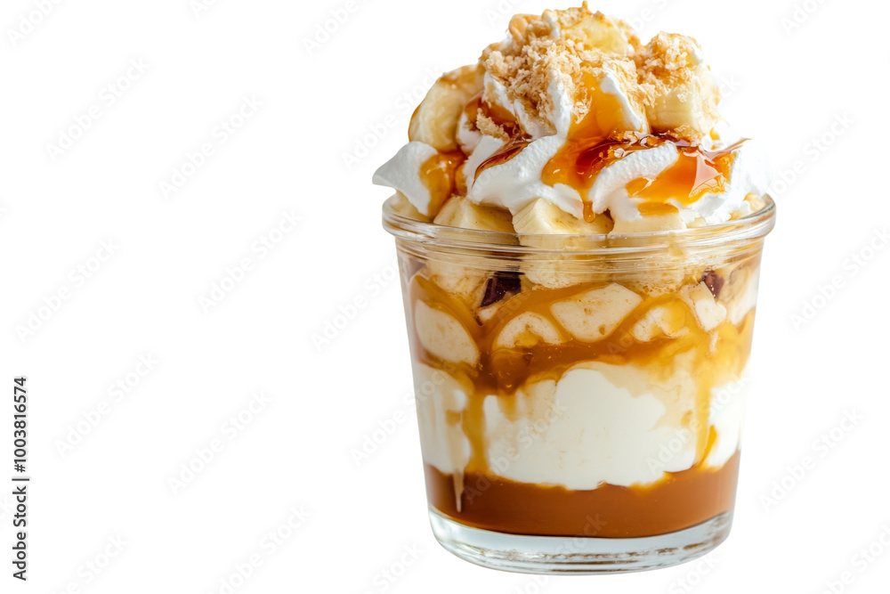 Poster layered banana pudding dessert in a glass jar with caramel sauce ,isolated on transparent background