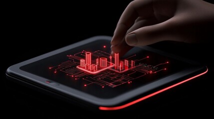 Data Visualization on Tablet: Red Glowing Hologram Charts