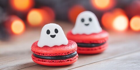 Naklejka premium Black and red macarons with ghost-shaped, glittering frosting - a cute Halloween-themed treat for a children's party.
