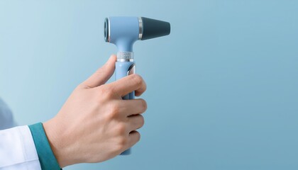 Hand holding a medical otoscope against a blue background.