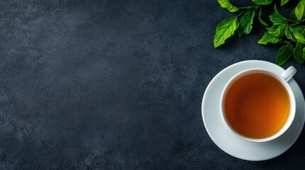 A top-down view of a cup of tea with fresh mint leaves on a dark stone surface.