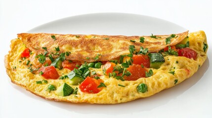 A fluffy, golden omelette filled with fresh vegetables and herbs, isolated on a clear background. This classic egg dish showcases a balanced and nutritious meal.