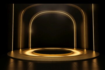 "The Art of Simplicity: Glowing Gold Light and Dark Black Stage Set the Scene for an Empty Podium"