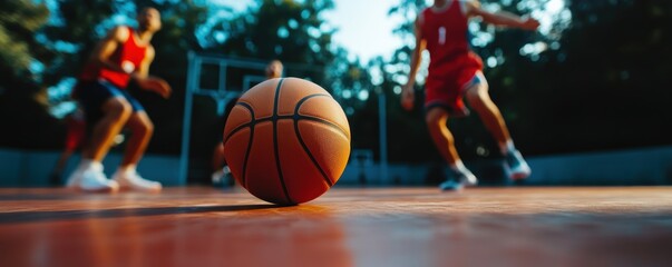 Action-packed basketball scene with players in motion on the court, showcasing the excitement of the game.