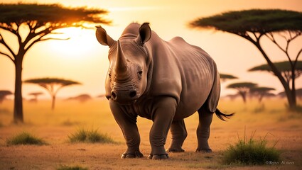 Obraz premium This captivating image showcases a majestic rhinoceros standing in the open savanna, bathed in the soft, golden light of sunrise. 