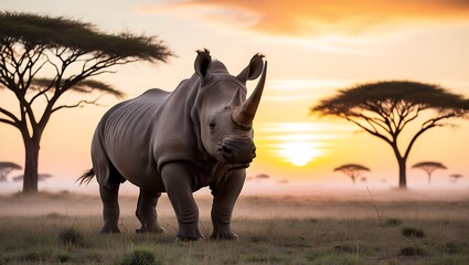 This captivating image showcases a majestic rhinoceros standing in the open savanna, bathed in the soft, golden light of sunrise. 