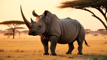 This captivating image showcases a majestic rhinoceros standing in the open savanna, bathed in the soft, golden light of sunrise. 