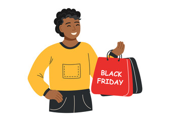 Black friday sale and shopping concept. Man with shopping bags isolated on white. Black Friday character.