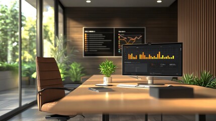 Modern office space set up for job interviews and recruitment, featuring a computer displaying data and statistics. Ready for the next steps in business career development and hiring. 