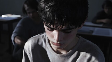 Fototapeta premium A closeup of a teenage boy sitting alone in a dark classroom, his face turned down as if in sadness