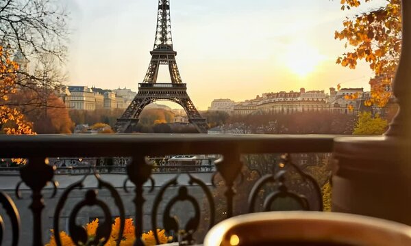 Morning in Paris with a cup of coffee on the balcony overlooking the Eiffel Tower