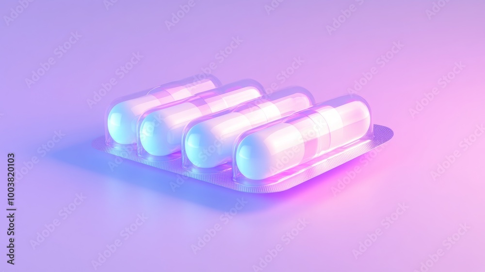 Poster A set of four translucent capsules are neatly arranged in a blister pack, set against a vibrant pastel background that enhances their luminous appearance, creating a visually appealing composition.