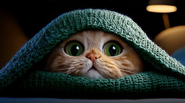 Cozy Cat Mystery: A ginger cat with wide green eyes peeks from under a teal knitted blanket, creating a heartwarming and intriguing image.  