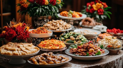 Round table overflowing with an extravagant spread of international dishes, from Asian stir-fry to Italian pastries, vibrant colors and textures, elegant table decor