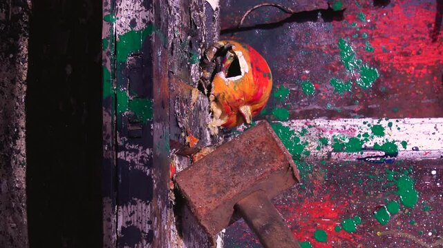 slow motion video art scary Halloween pumpkins and smashing with a heavy big hammer smoke and fire preparing for a celebration in a scary place