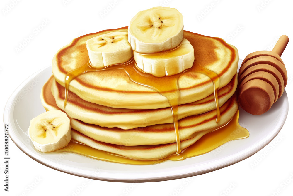 Poster Fluffy banana pancakes with butter and honey drizzle ,Isolated on transparent background