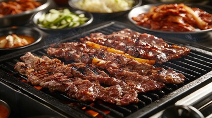 Assorted Korean Barbecue Meats on Tabletop Grill