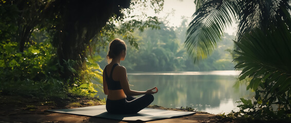 Fototapeta premium A peaceful moment of a young woman practicing yoga near a calm lake, Ideal for wellness, relaxation, and outdoor fitness themes.