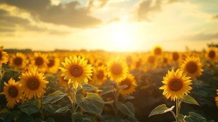 Obraz premium Rows of sunflowers forming a circle, all facing the radiant rising sun, golden light streaming through the sky, soft shadows on the field
