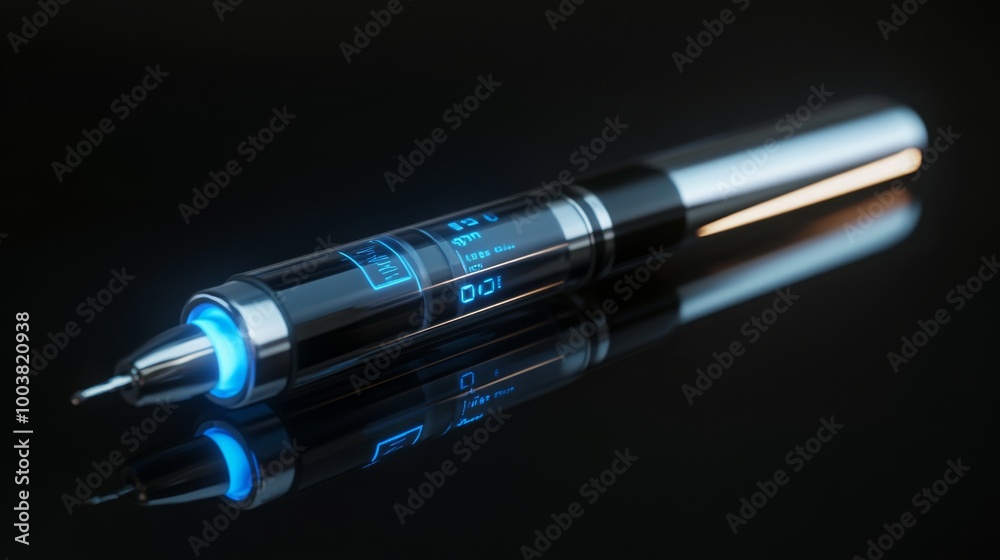 Poster a futuristic, silver pen with a blue light and digital display lies on a black surface. the pen is r