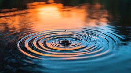 Soft ripple effect in a calm pond, starting from one drop, expanding outward in a mesmerizing circular pattern, reflecting the soft colors of the sky