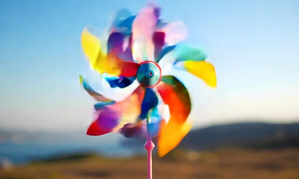 Colorful toy spinner spinning in the wind