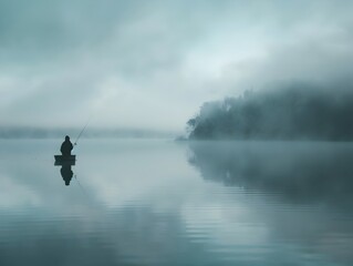 Fototapeta premium Lone fisherman on a misty lake lost in pensive reflection