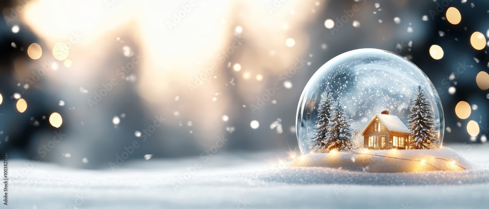 Canvas Prints a snow globe encapsulating a house within, surrounded by a snow-laden field trees and twinkling ligh
