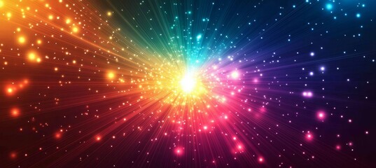 Colorful sunburst rays explosion on dark space star background. Generative AI technology.