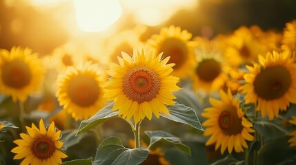 Obraz premium Sunflowers arranged in a circle, their faces turned towards the rising sun, soft morning light cascading over the landscape, warm yellow and orange tones