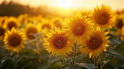 Obraz premium Sunflowers in a perfect circular arrangement, bathed in soft golden light as the sun rises, their heads turned toward the dawn, morning mist in the air