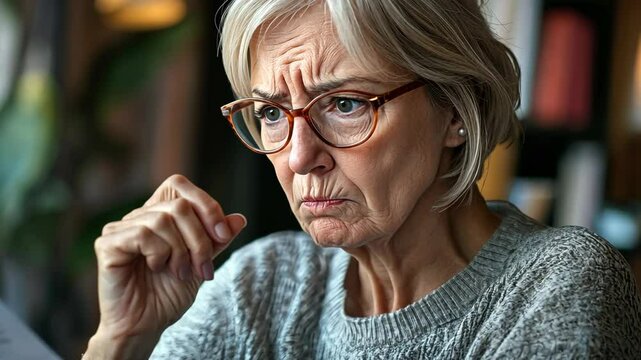 A woman with gray hair and glasses looks skeptical while sitting indoors