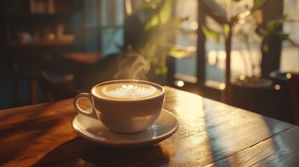 Obraz premium Exquisite latte art on a warm cup of coffee, resting on a cozy wooden table with soft light coming in through a window