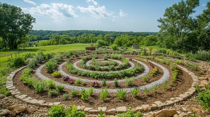 Sustainable permaculture farm with crops arranged in perfect circular rows, integrating native plants and herbs, a thriving eco-system of self-sustaining growth