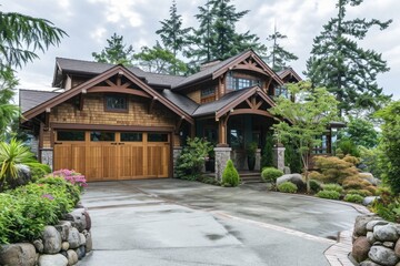 Fototapeta premium Inviting Craftsman Home with Stone Trim, Garage and Driveway: Exterior View of Northwest Style House