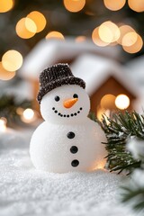 Obraz premium A tight shot of a snowman against a backdrop of a snow-laden ground In the distance, a Christmas tree adorned with lights shines brightly