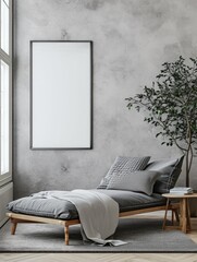 Living Room Interior Design with Scandinavian-inspired Chaise Lounge and Blank Poster Frame on Stucco Wall
