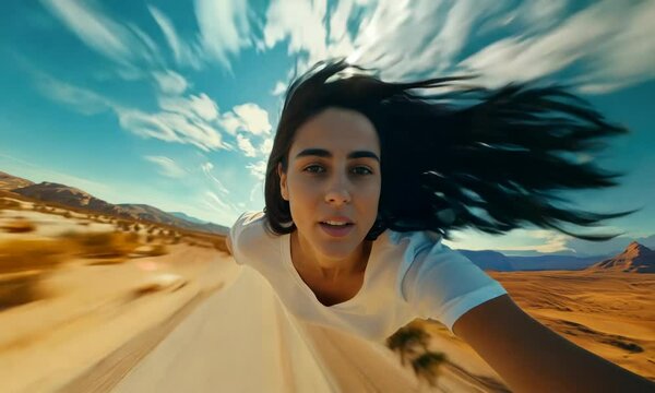 Flying woman, a super power that allows a girl to fly and take selfies