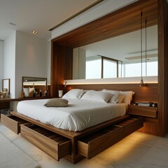 Luxury Bedroom Interior with Platform Bed, Minimalist Dresser, and Wall-Mounted Shelf