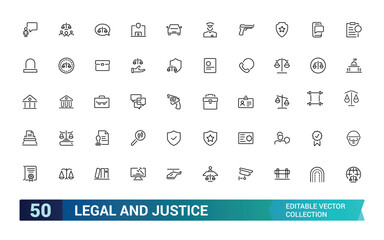 Legal And Justice web icons collection. Law icon for web and ui, legal documents, judgement, prison and more, Editable stroke. Vector illustration.