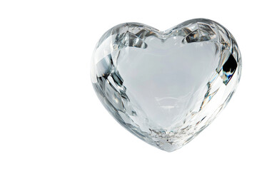 Crystal clear glass heart with reflective light effects, on solid white background, single object