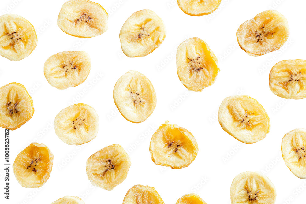 Poster crispy dried banana chips scattered ,isolated on transparent background